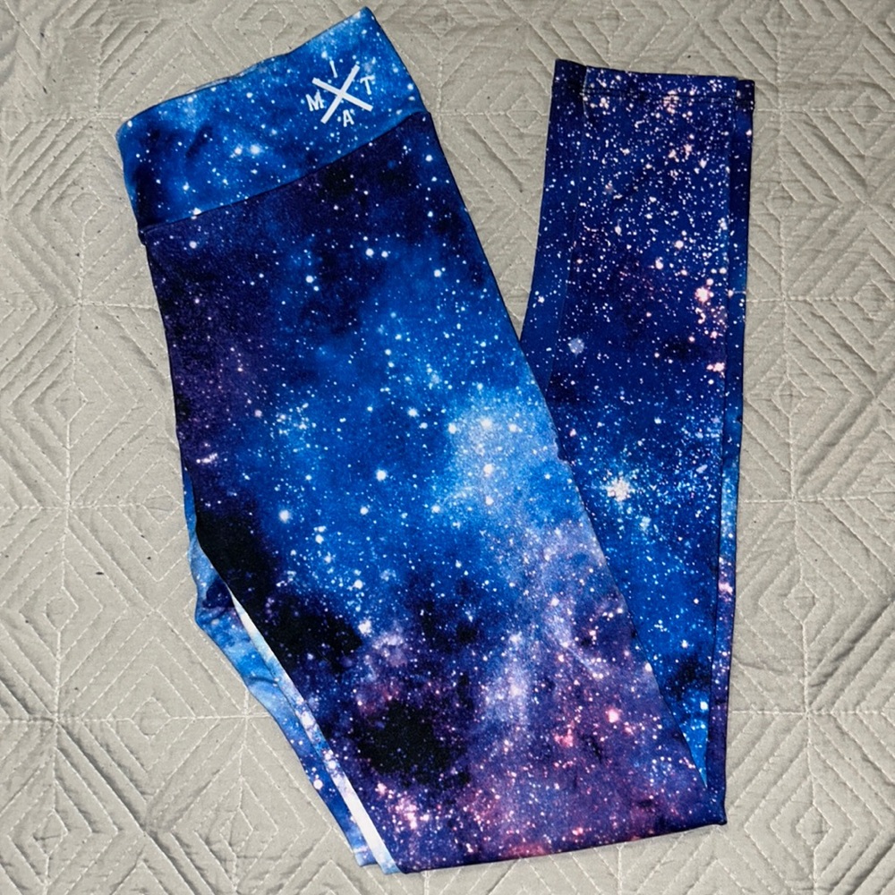 Into the AM blue galaxy, mid waist leggings. Size SMALL. Festival, Rave, Yoga